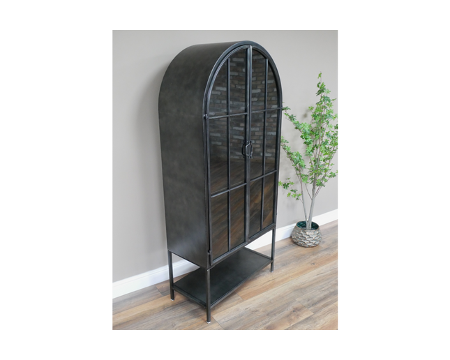 Arched tall slim glass fronted black metal storage display cabinet.