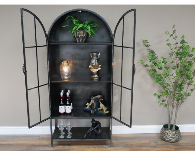 Arched tall slim glass fronted black metal storage display cabinet.