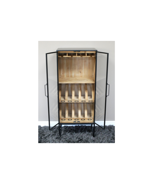 Tall slim black metal & rustic wood wine storage cabinet