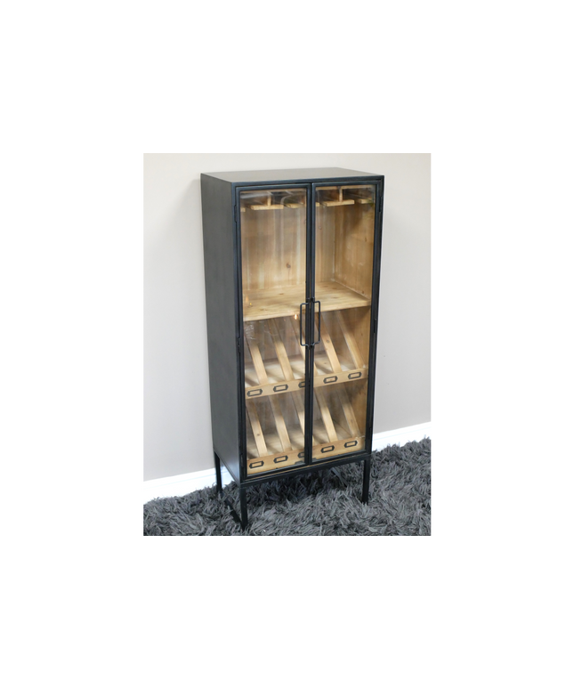 Tall slim black metal & rustic wood wine storage cabinet