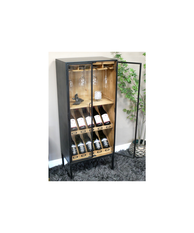 Tall slim black metal & rustic wood wine storage cabinet