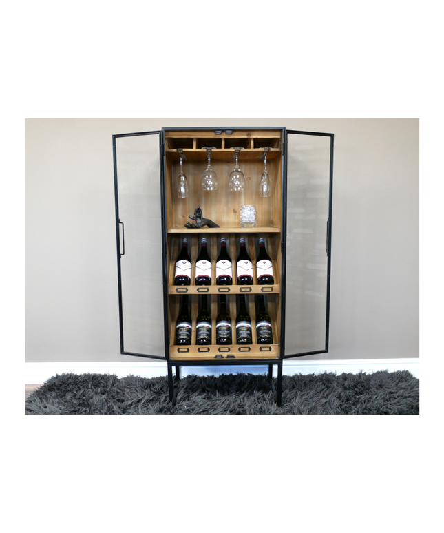 Tall slim black metal & rustic wood wine storage cabinet