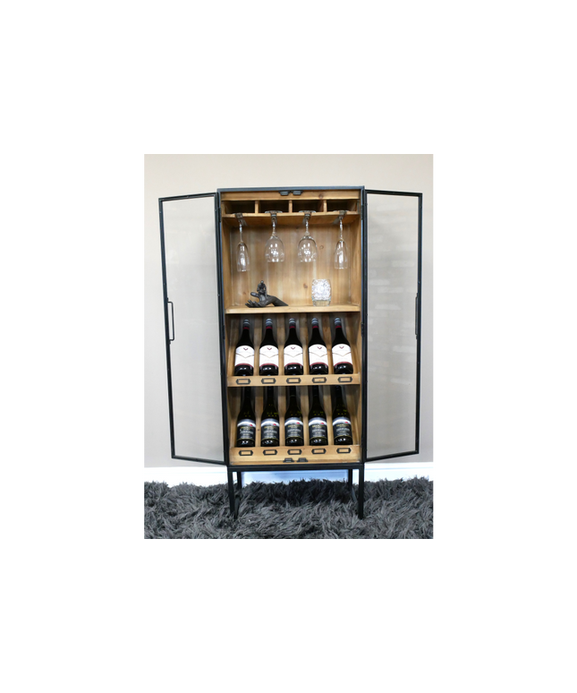 Tall slim black metal & rustic wood wine storage cabinet