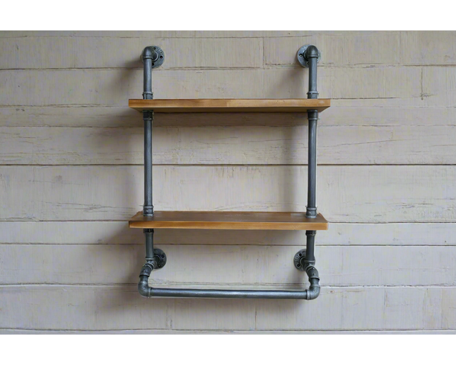 Iron pipe & rustic wood 2 tier wall shelf