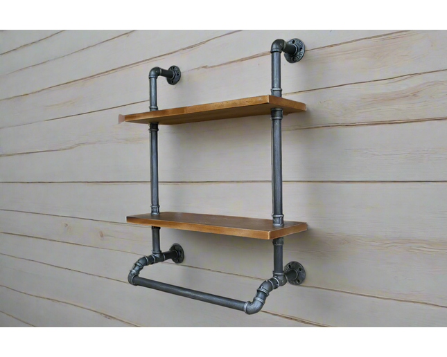 Iron pipe & rustic wood 2 tier wall shelf