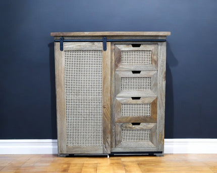 Rustic wood & rattan storage cabinet