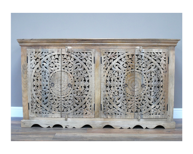 4 door carved ornate solid wood storage cabinet - sideboard