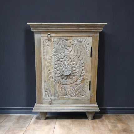 Pair of natural wood ornate carved bedside cabinets