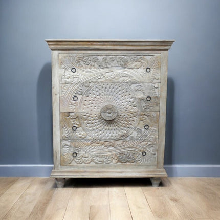 Natural wood ornate carved wood chest of drawers