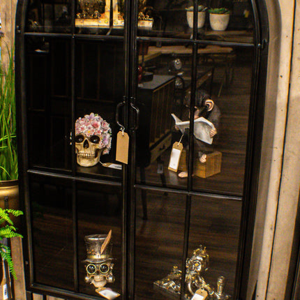 Arched tall slim glass fronted black metal storage display cabinet.