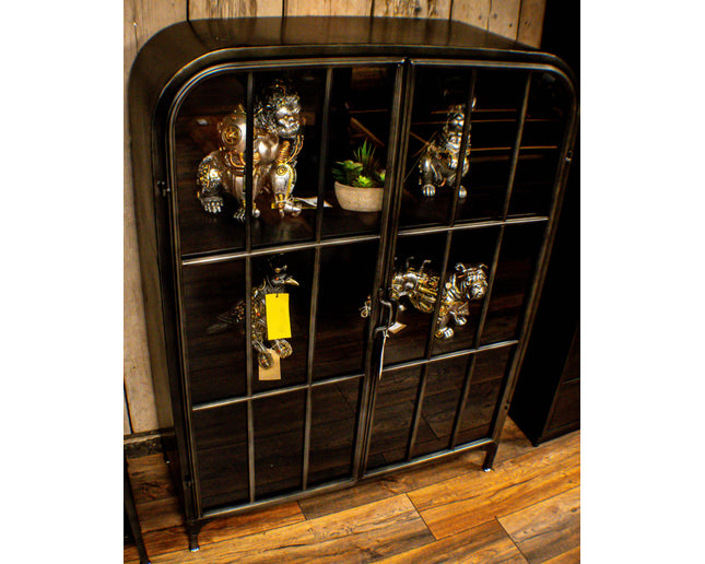 Glass fronted metal storage floor display cabinet.