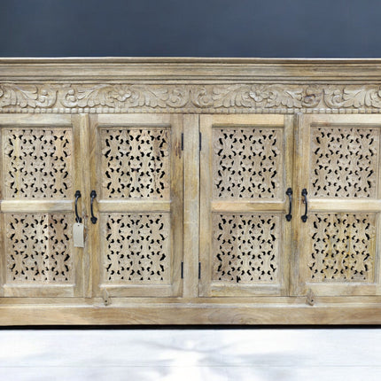 Large artisan carved 4 door ornate wood storage cabinet - sideboard