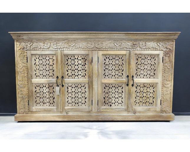 Large artisan carved 4 door ornate wood storage cabinet - sideboard