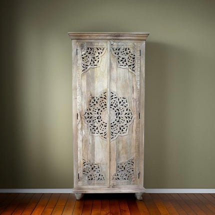 Tall slim rustic wood ornate hand carved storage cupboard