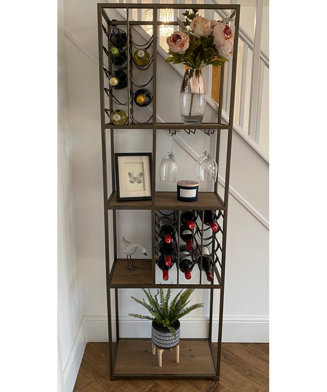 Tall slim metal multi compartment wine rack with shelving.