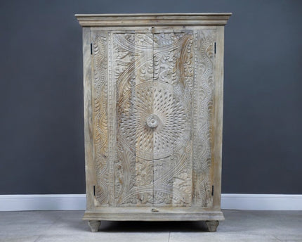 140cm natural wood ornate carved shelved storage cupboard - Back in stock September