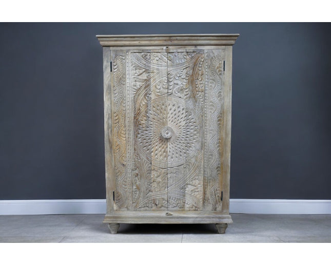 140cm natural wood ornate carved shelved storage cupboard - Back in stock September