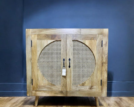 Rustic wood & rattan circle cabinet