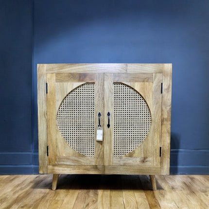 Rustic wood & rattan circle storage cabinet