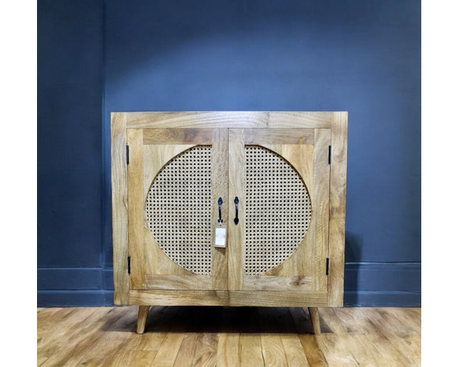 Rustic wood & rattan circle cabinet