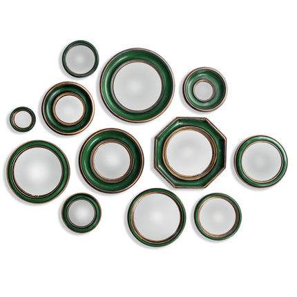 Set of 12 convex green & gold framed mirrors