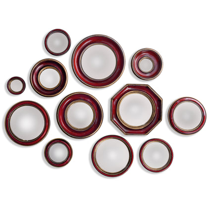 Set of 12 convex red & gold framed mirrors