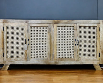 XL rustic wood & rattan  4 door sideboard cabinet