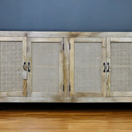 XL rustic wood & rattan  4 door sideboard cabinet