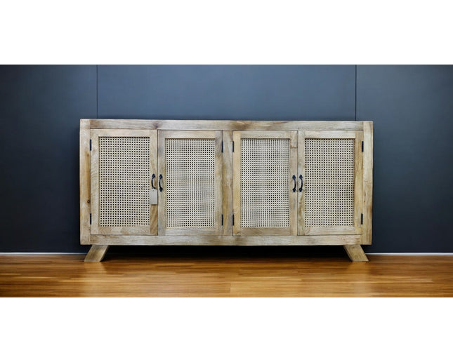 XL rustic wood & rattan  4 door sideboard cabinet