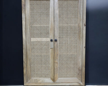 Tall wood & rattan shelved cupboard