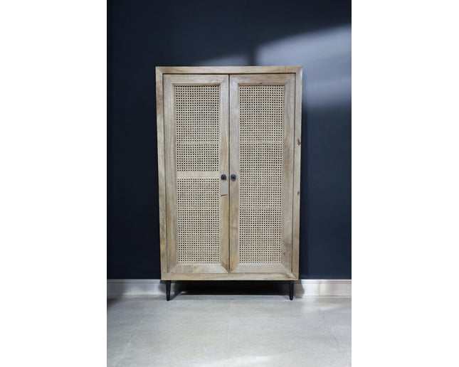 Tall wood & rattan shelved cupboard