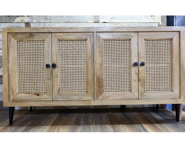 5ft wood & rattan 4 door storage cabinet