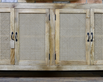 XL rustic wood & rattan  4 door sideboard cabinet