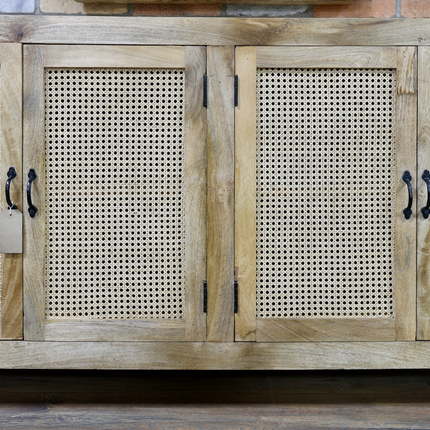 XL rustic wood & rattan  4 door sideboard cabinet