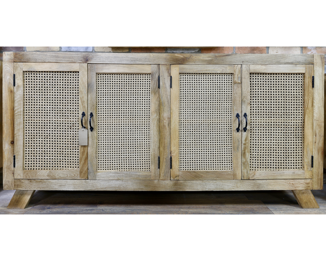 XL rustic wood & rattan  4 door sideboard cabinet