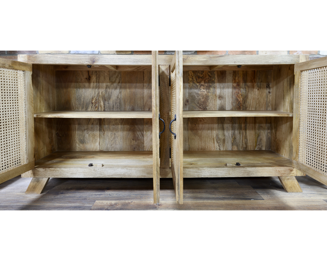 XL rustic wood & rattan  4 door sideboard cabinet