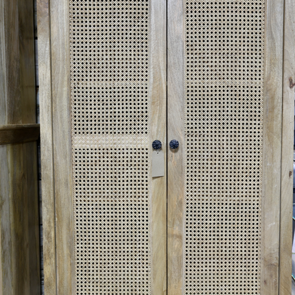 Tall wood & rattan shelved cupboard