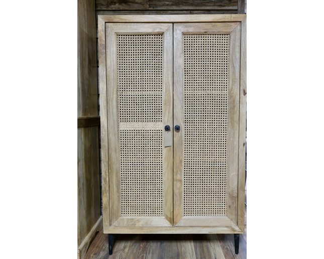 Tall wood & rattan shelved cupboard