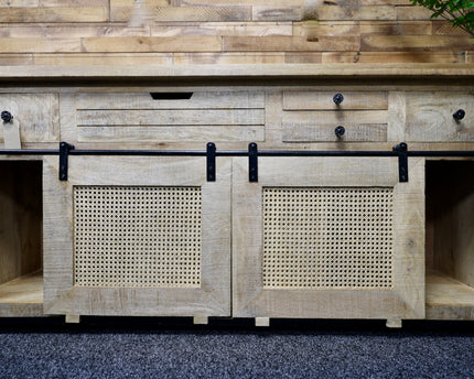 Large rustic solid wood & rattan sideboard storage cabinet.