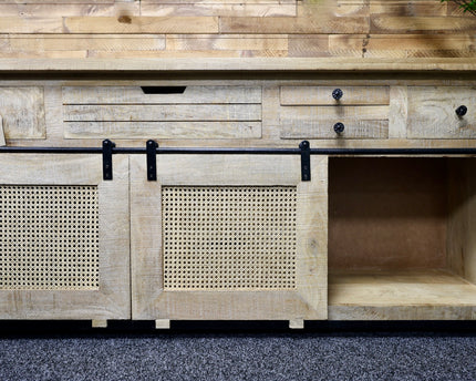 Large rustic solid wood & rattan sideboard storage cabinet.