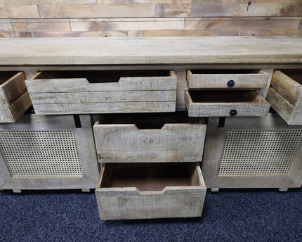 Large rustic solid wood & rattan sideboard storage cabinet.