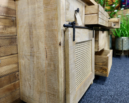 Large rustic solid wood & rattan sideboard storage cabinet.