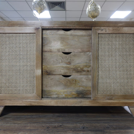 Acacia wood & rattan 3 drawer sideboard cabinet