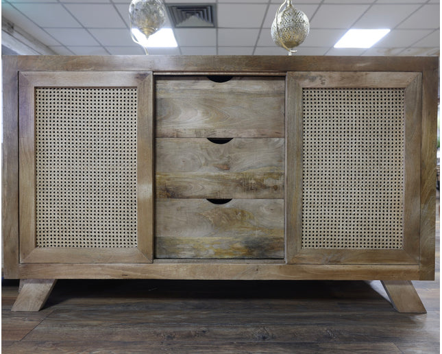 Acacia wood & rattan 3 drawer sideboard cabinet