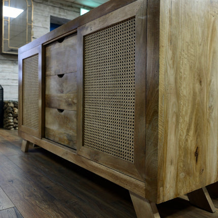 Acacia wood & rattan 3 drawer sideboard cabinet