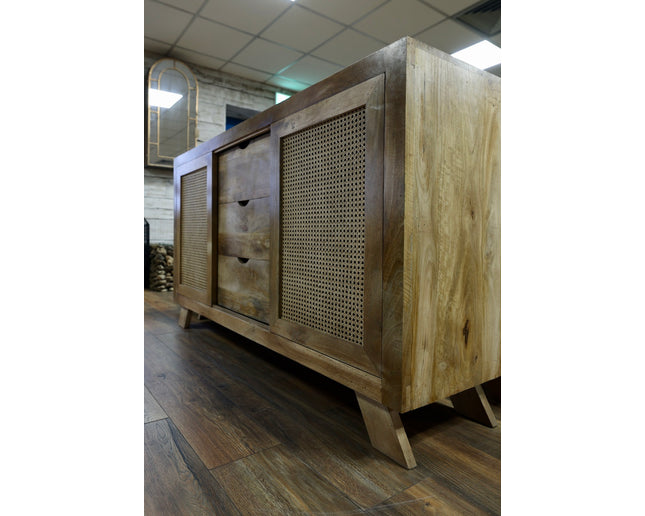 Acacia wood & rattan 3 drawer sideboard cabinet