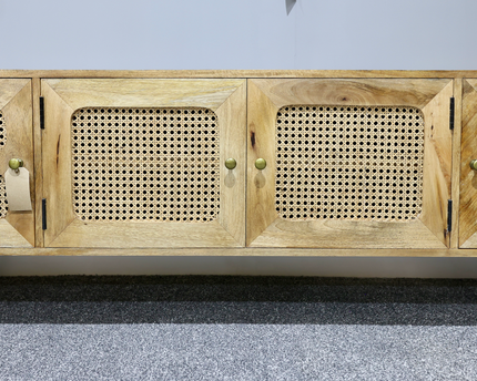 Rustic wood & rattan 4 door wide Tv cabinet - Back in stock November