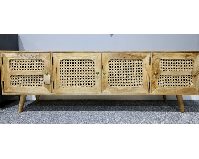 Rustic wood & rattan 4 door wide Tv cabinet - Back in stock November