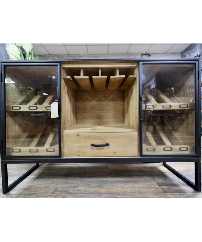 Black metal & rustic wood wine storage sideboard cabinet