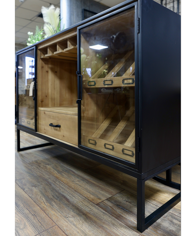 Black metal & rustic wood wine storage sideboard cabinet